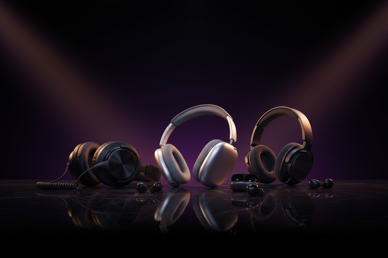 Create a wide hero background image (1920 x 1080) for Enve Entertainment’s “Pro Music Accessories” section. The scene shows several premium headphones on a dark, modern surface: over-ear DJ headphones, studio monitoring headphones, wireless earbuds, and a pair of silver Apple AirPods Max prominently in the center. Use a sleek, high-end look with a black-to-deep-purple gradient background and subtle purple and gold lighting accents. The style should be cinematic, modern, and luxurious. Leave some darker, les